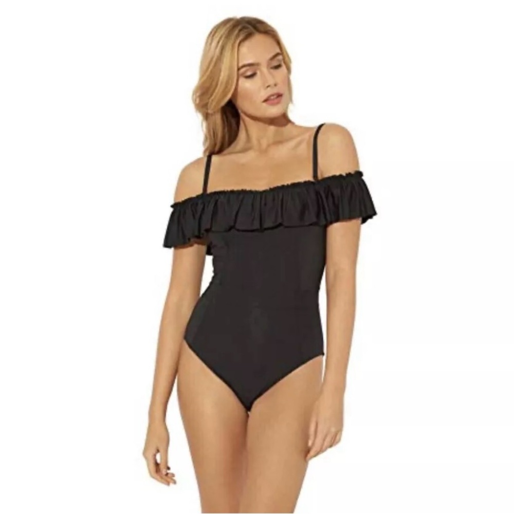 Bleu Rod Beattie Ruffle Me Up Off-The-Shoulder Banded Mio One-Piece Black 8